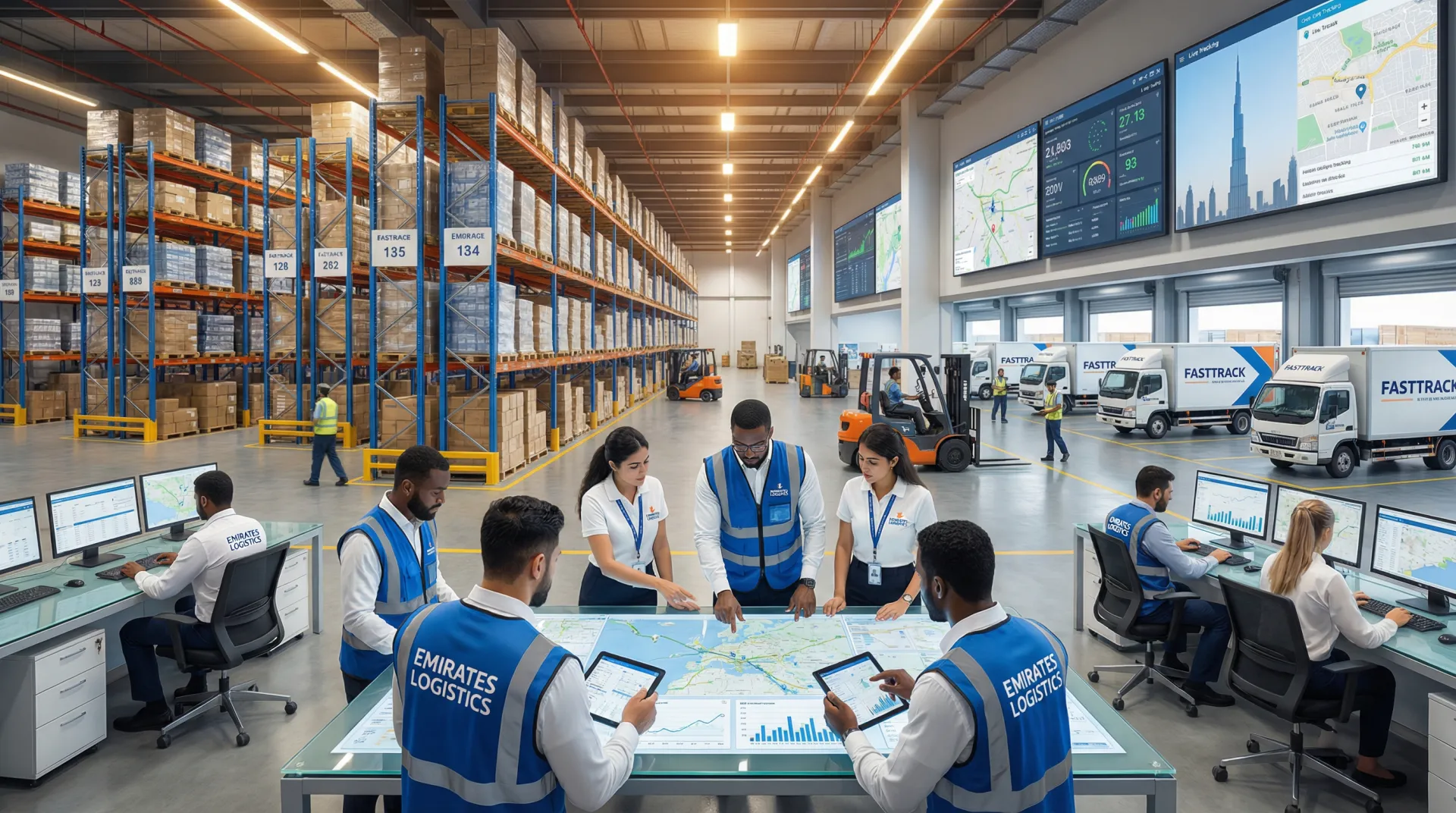 Modern logistics operations center in Dubai with professional staff coordinating shipments using digital tracking systems
